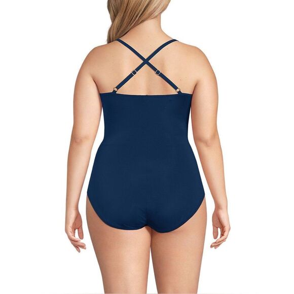 Land's End Plus Size pleated striped slender suit deep sea navy mini stripes Var - Picture 2 of 6